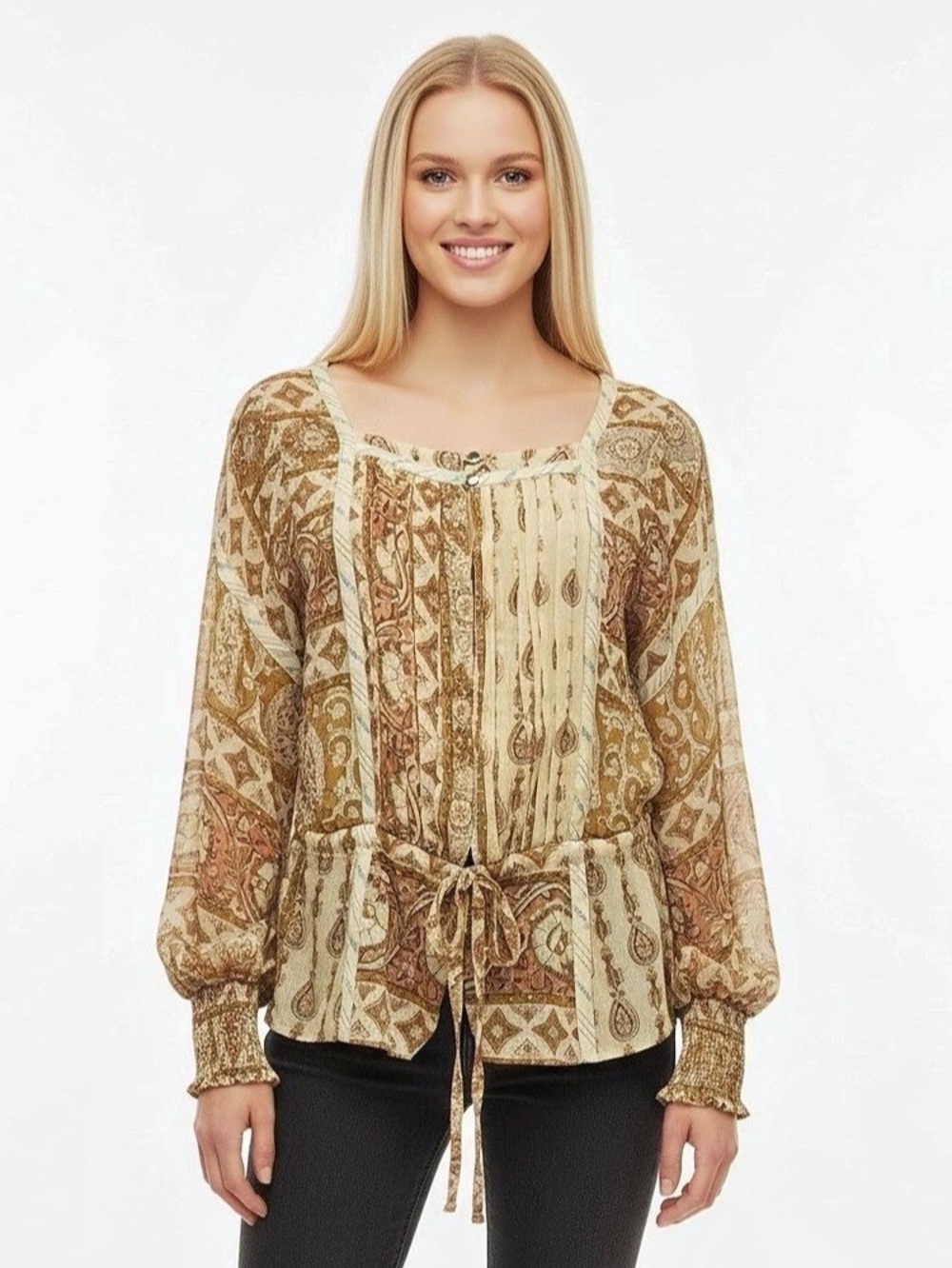 Burning Torch Silk Paisley Long Sleeve Blouse in Brown & Cream Size XS
